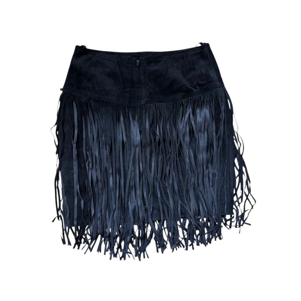 Vintage 1980's Black Suede Fringe Mini Skirt High Waist Boho Chic Women Size 6-8